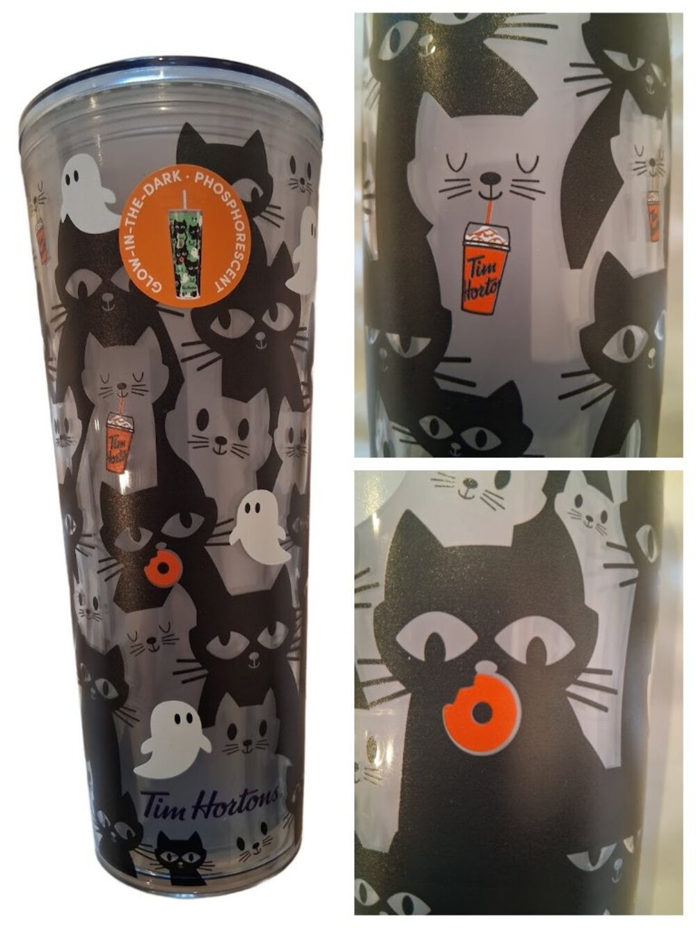 Tim Hortons 2025 Black Cat Halloween Glow in the Dark 24oz Plastic Tumbler